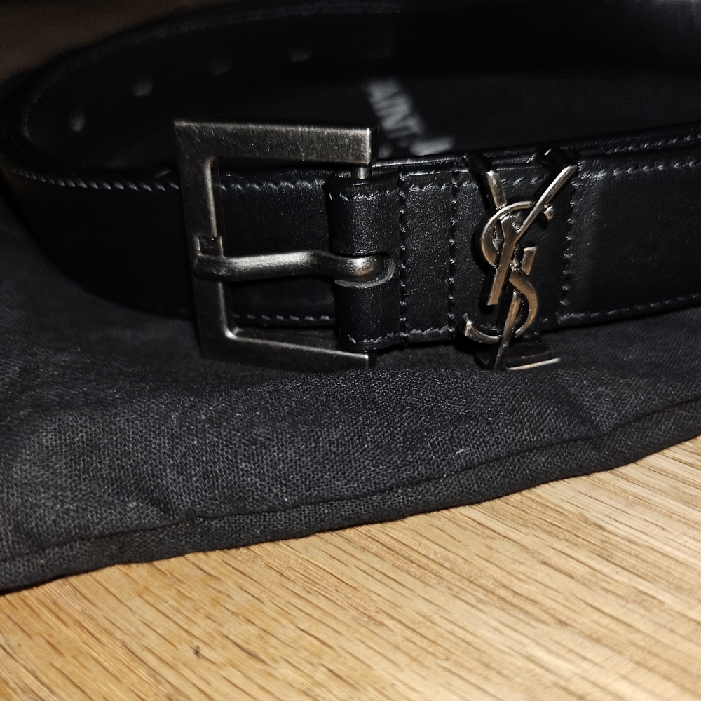 Saint Laurent Black Leather Belt with Silver Buckle